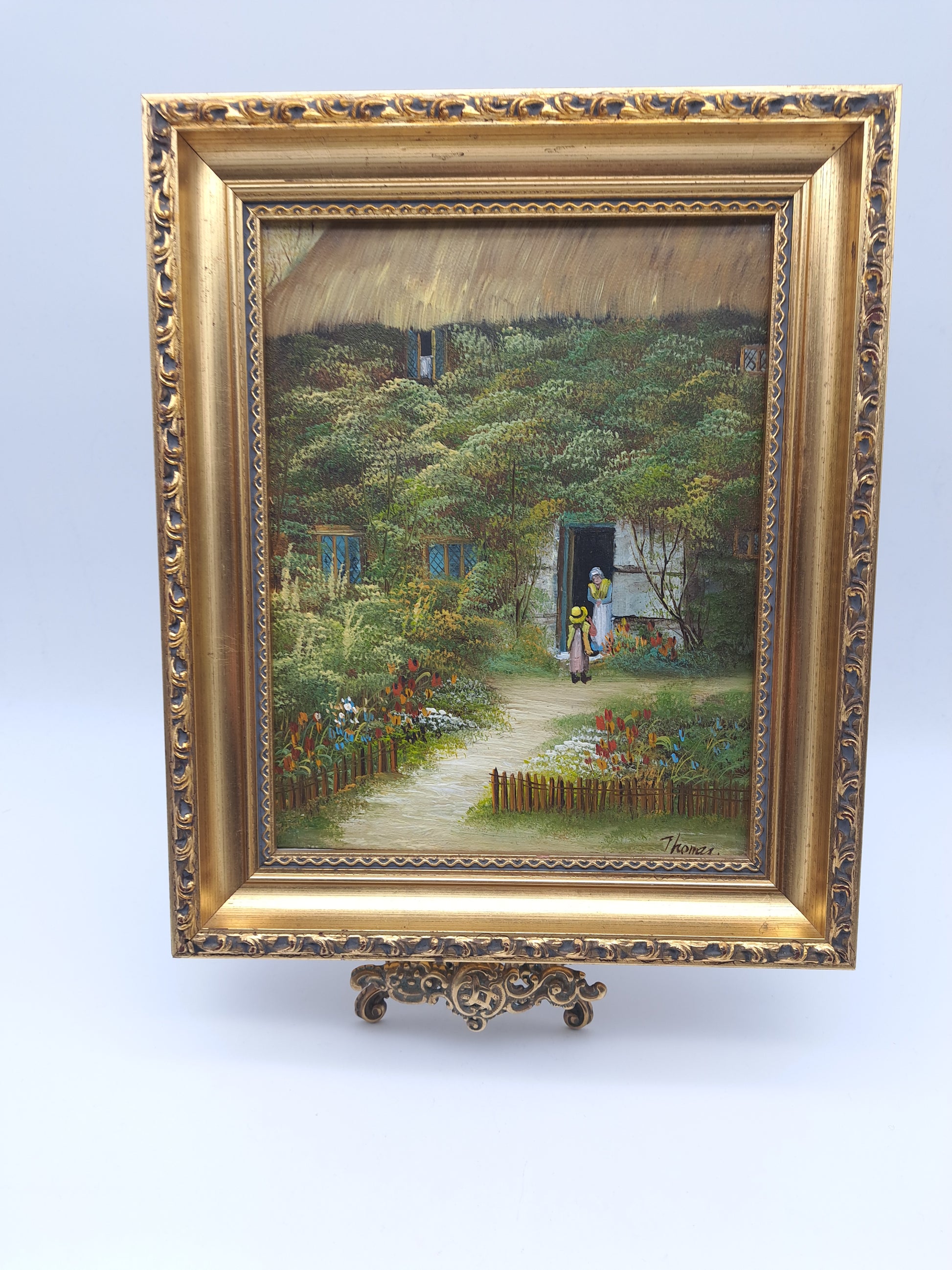 Vintage Oil Painting – Framed Thatched Cottage Country Landscape, Signed Thomas, 33cm x 27.8cm