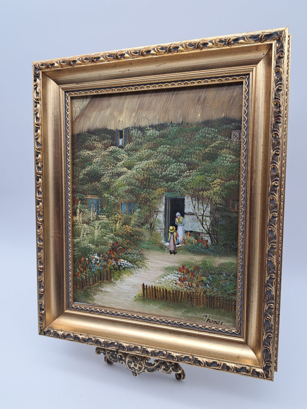 Vintage Oil Painting – Framed Thatched Cottage Country Landscape, Signed Thomas, 33cm x 27.8cm