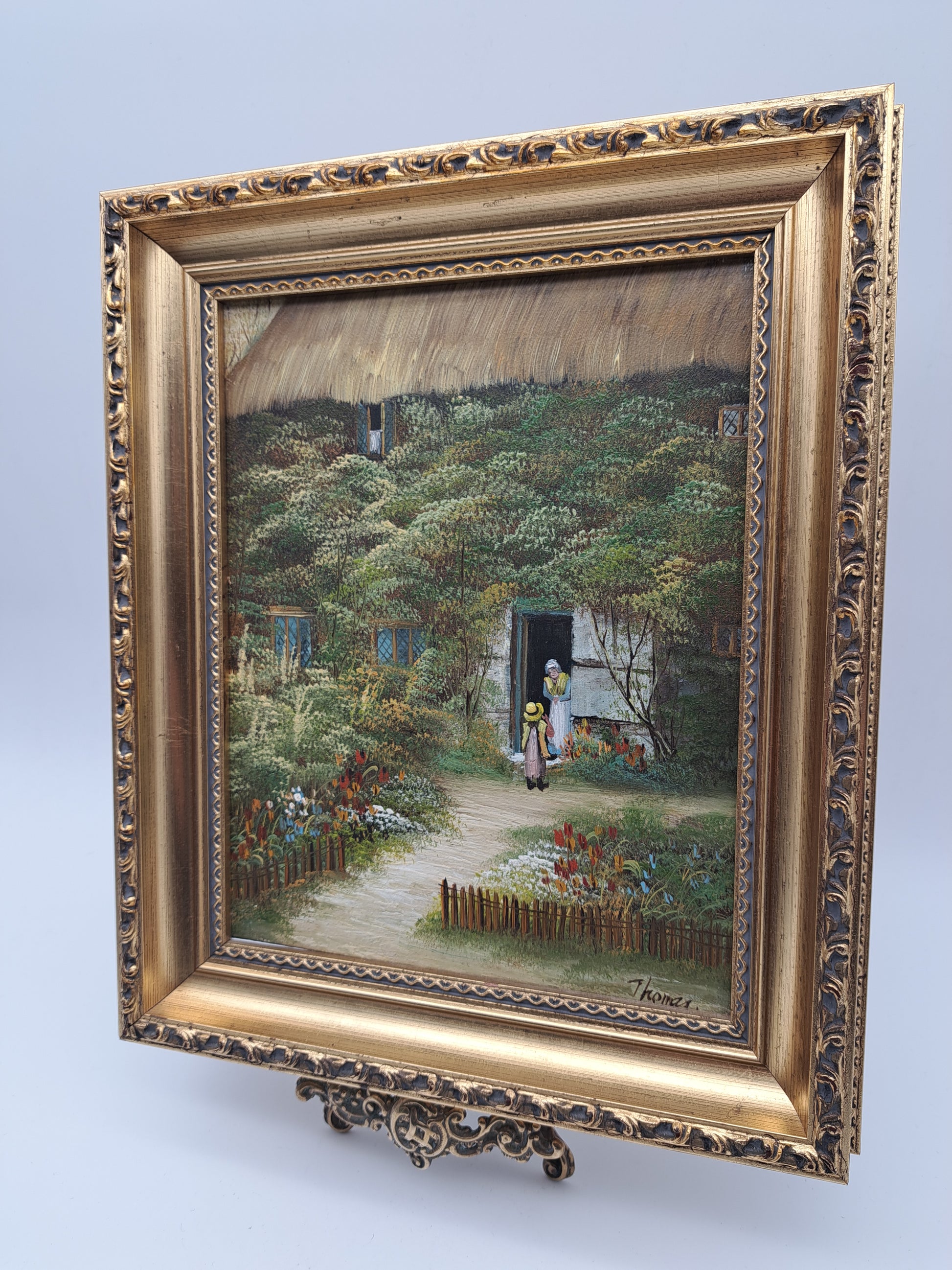 Vintage Oil Painting – Framed Thatched Cottage Country Landscape, Signed Thomas, 33cm x 27.8cm