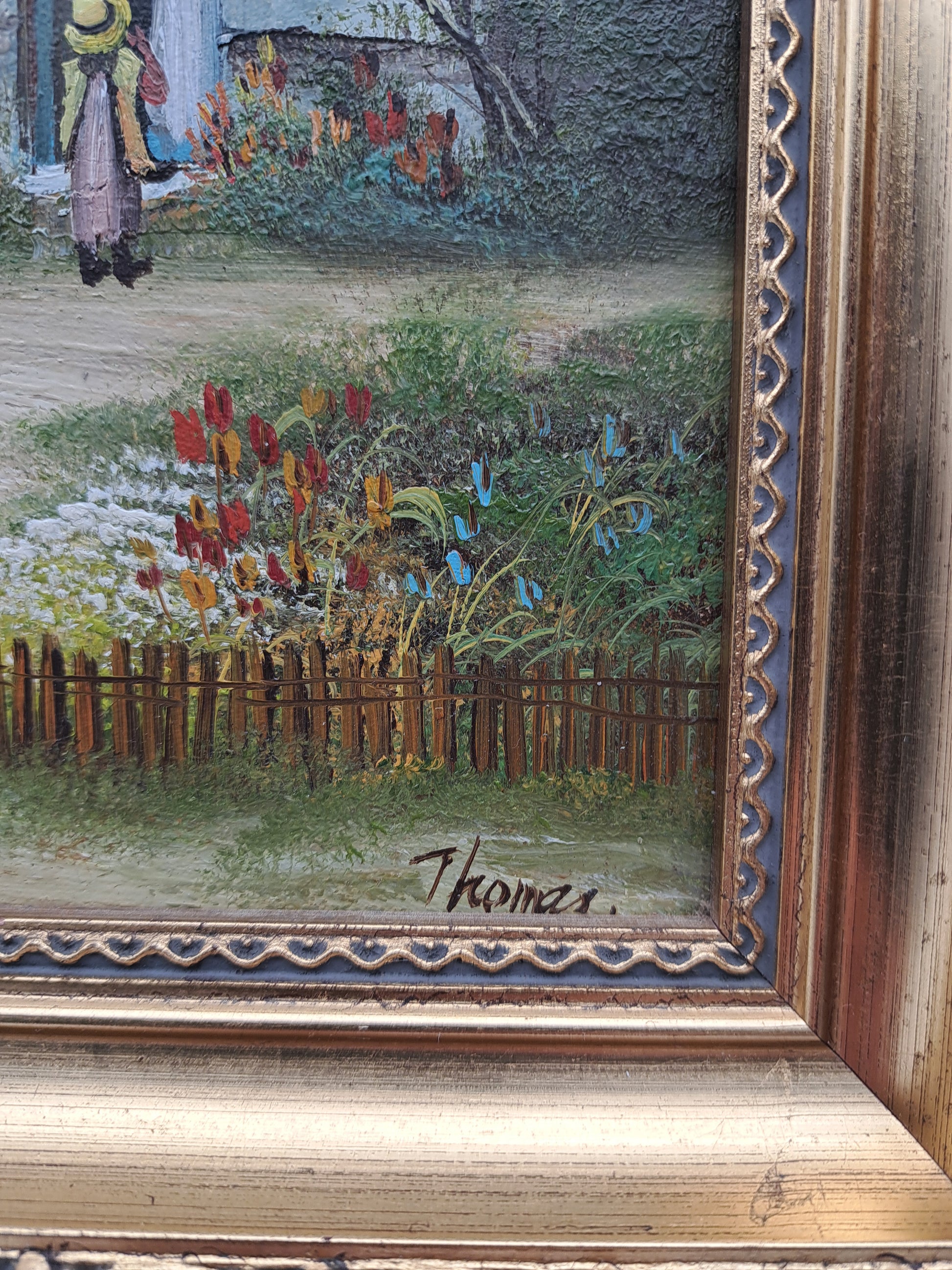 Vintage Oil Painting – Framed Thatched Cottage Country Landscape, Signed Thomas, 33cm x 27.8cm