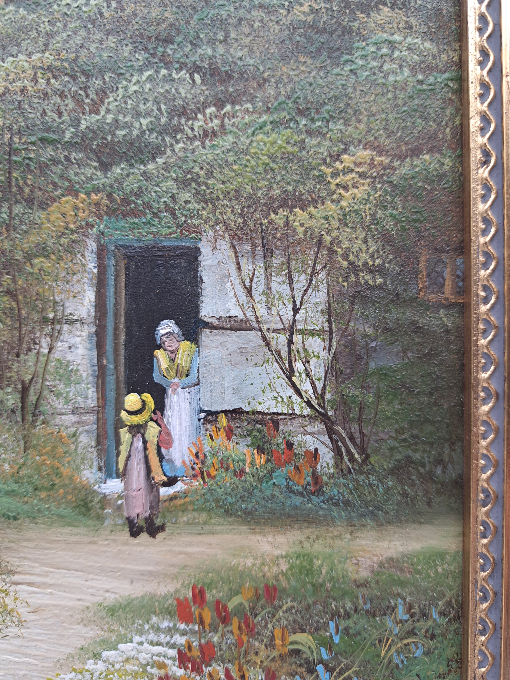 Vintage Oil Painting – Framed Thatched Cottage Country Landscape, Signed Thomas, 33cm x 27.8cm