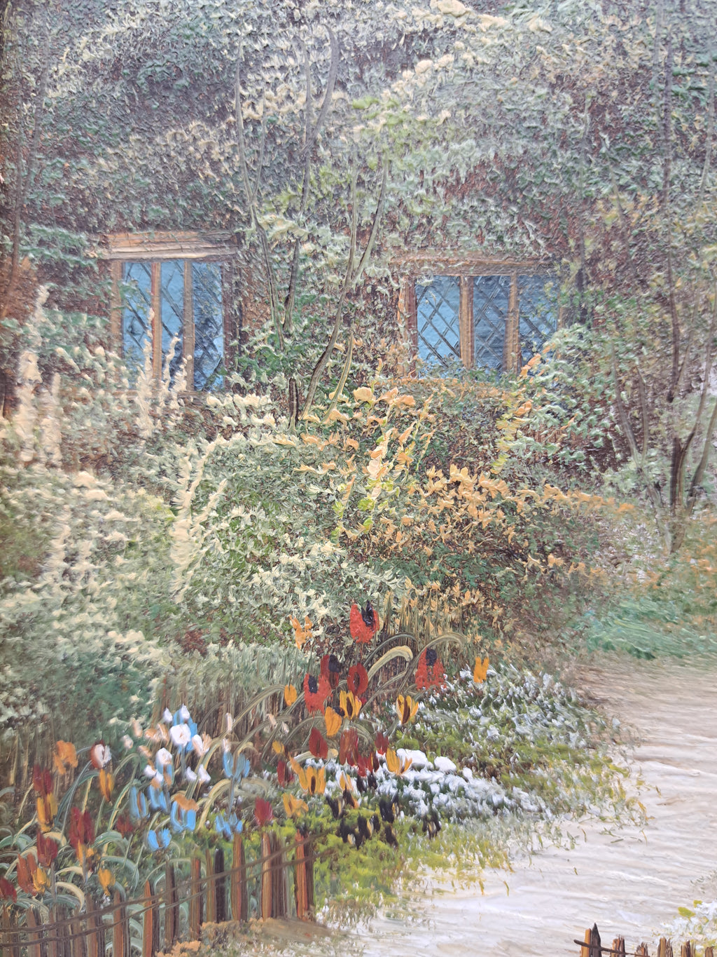 Vintage Oil Painting – Framed Thatched Cottage Country Landscape, Signed Thomas, 33cm x 27.8cm