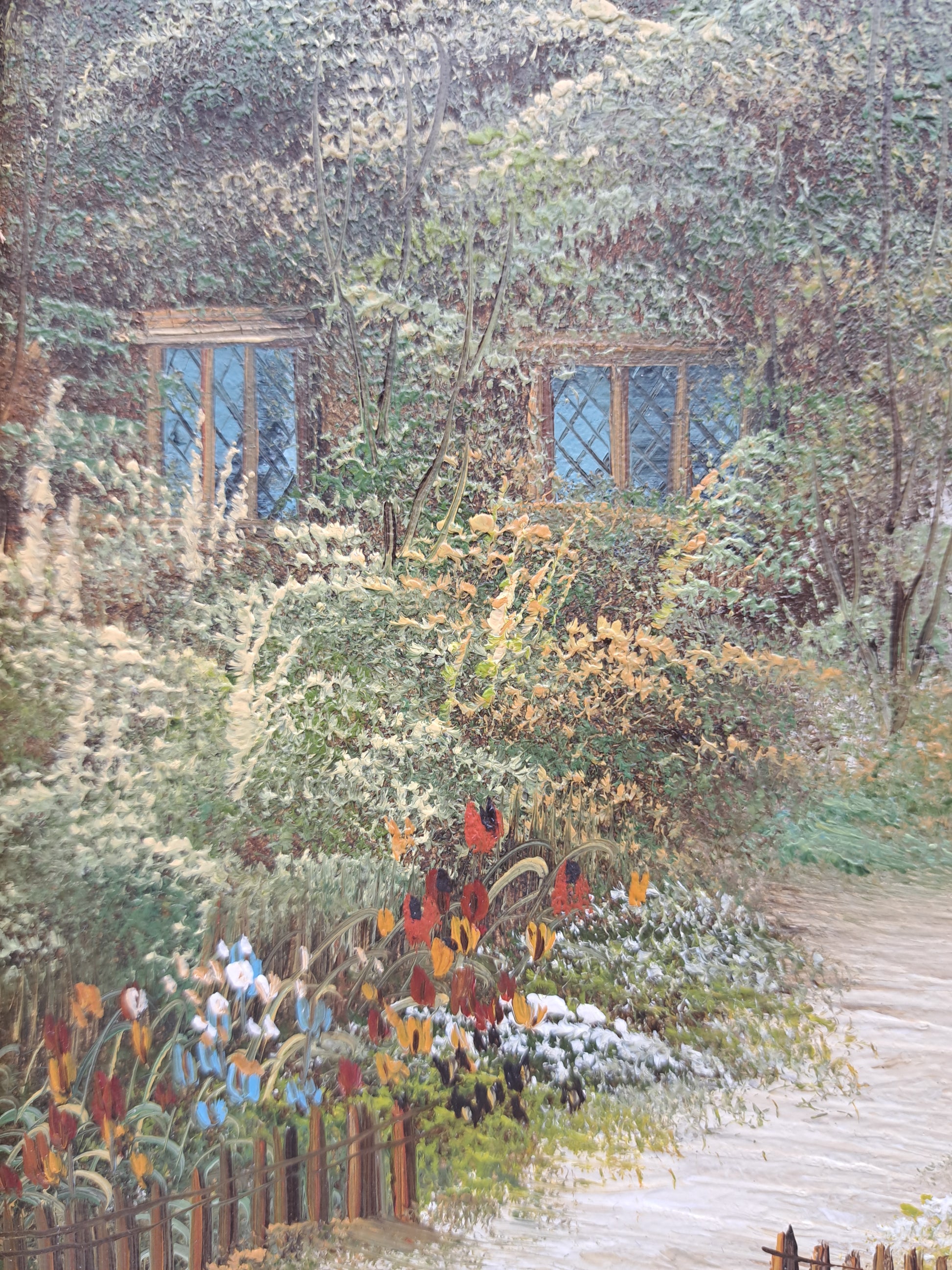 Vintage Oil Painting – Framed Thatched Cottage Country Landscape, Signed Thomas, 33cm x 27.8cm