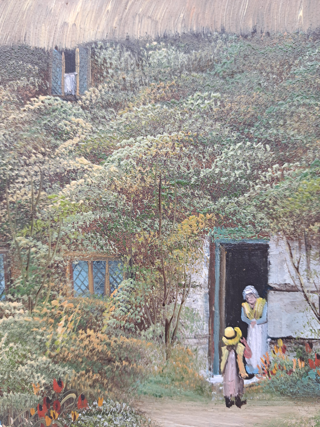 Vintage Oil Painting – Framed Thatched Cottage Country Landscape, Signed Thomas, 33cm x 27.8cm