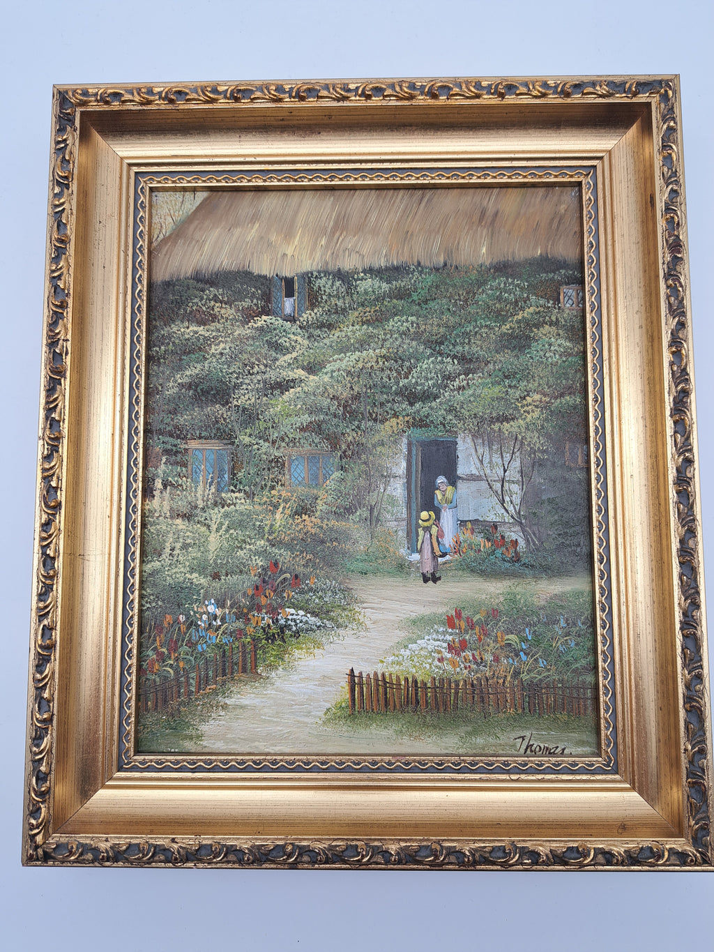 Vintage Oil Painting – Framed Thatched Cottage Country Landscape, Signed Thomas, 33cm x 27.8cm