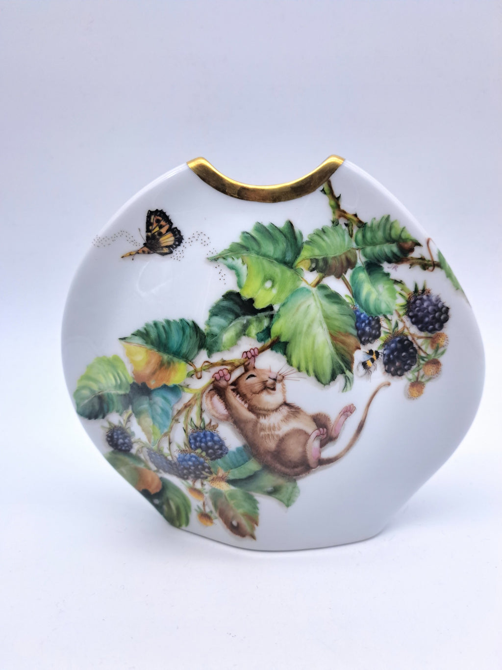 Rare Tettau Bavaria Hand-Painted Mouse and  Blackberry Vase by Jacqueline Rumball (1993)