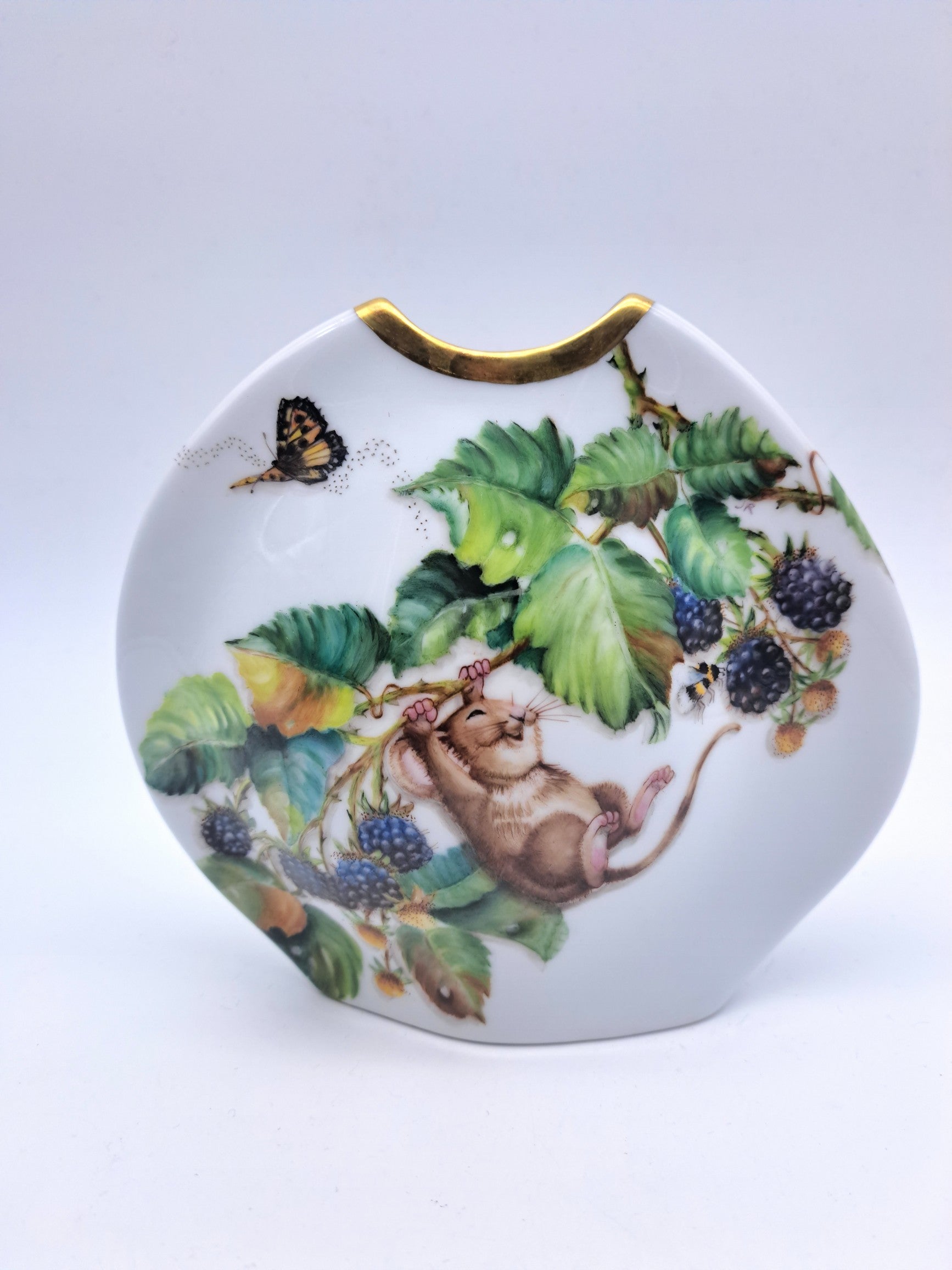 Rare Tettau Bavaria Hand-Painted Mouse and  Blackberry Vase by Jacqueline Rumball (1993)