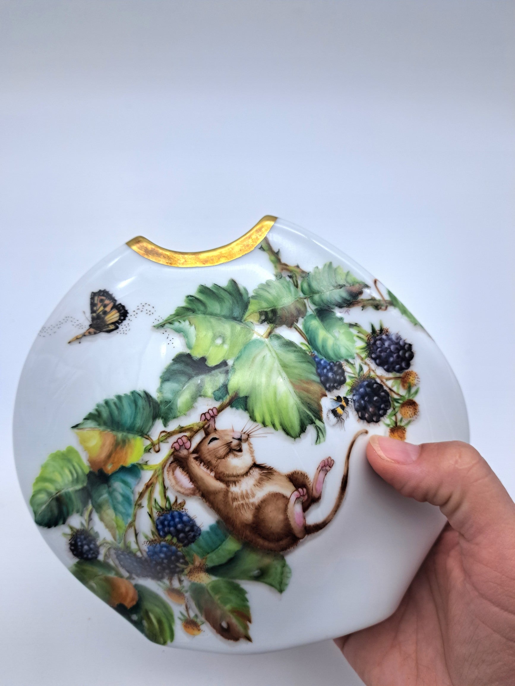 Rare Tettau Bavaria Hand-Painted Mouse and  Blackberry Vase by Jacqueline Rumball (1993)
