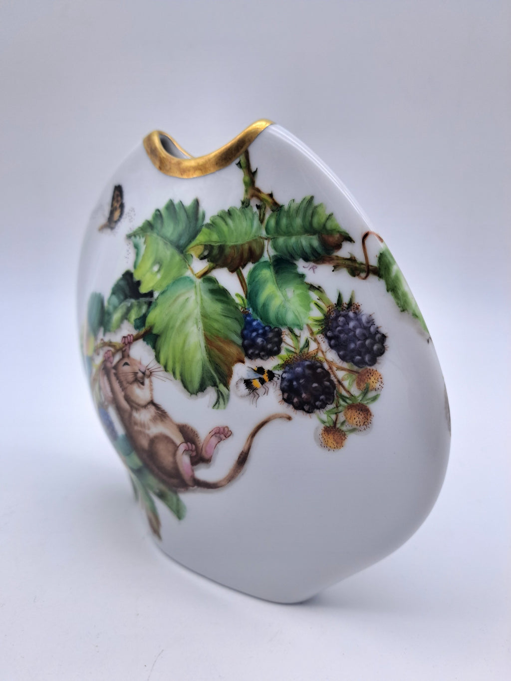 Rare Tettau Bavaria Hand-Painted Mouse and  Blackberry Vase by Jacqueline Rumball (1993)