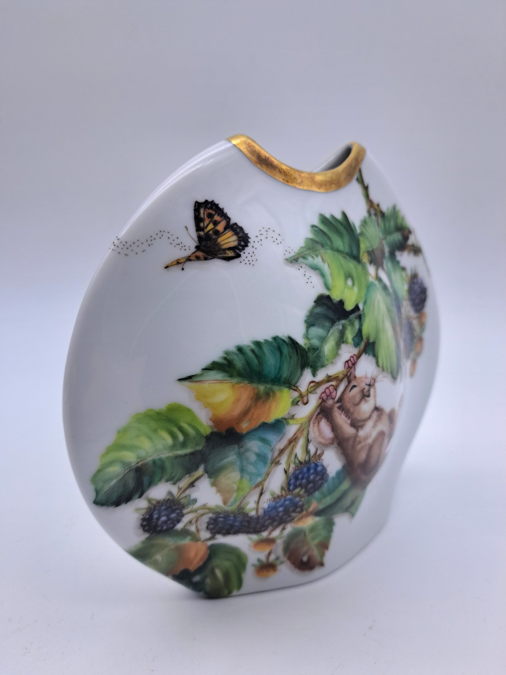Rare Tettau Bavaria Hand-Painted Mouse and  Blackberry Vase by Jacqueline Rumball (1993)
