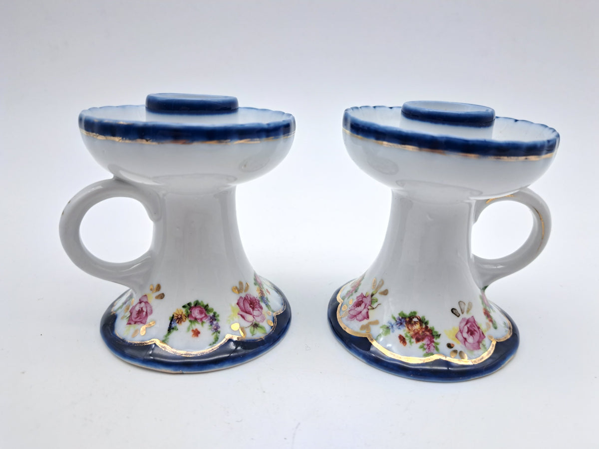 Pair of Vintage Miniature Floral Porcelain Chamberstick/ Candlestick Holders with Finger Loops
