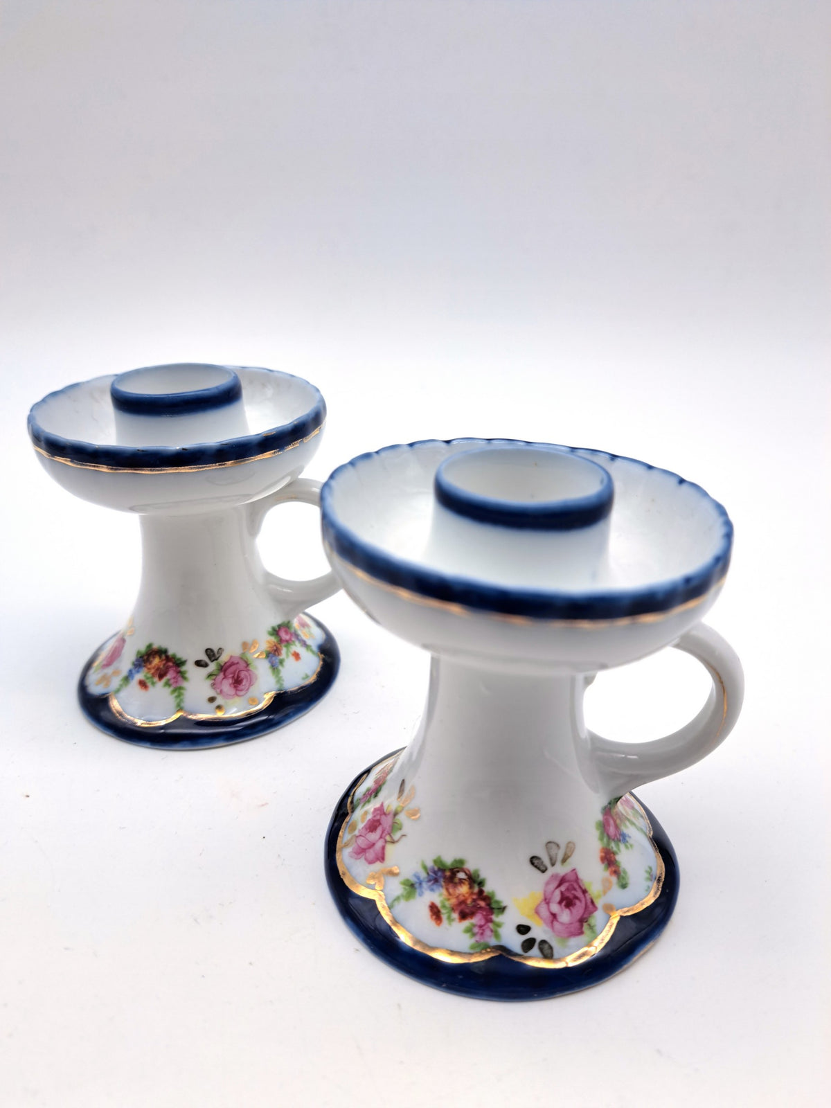 Pair of Vintage Miniature Floral Porcelain Chamberstick/ Candlestick Holders with Finger Loops