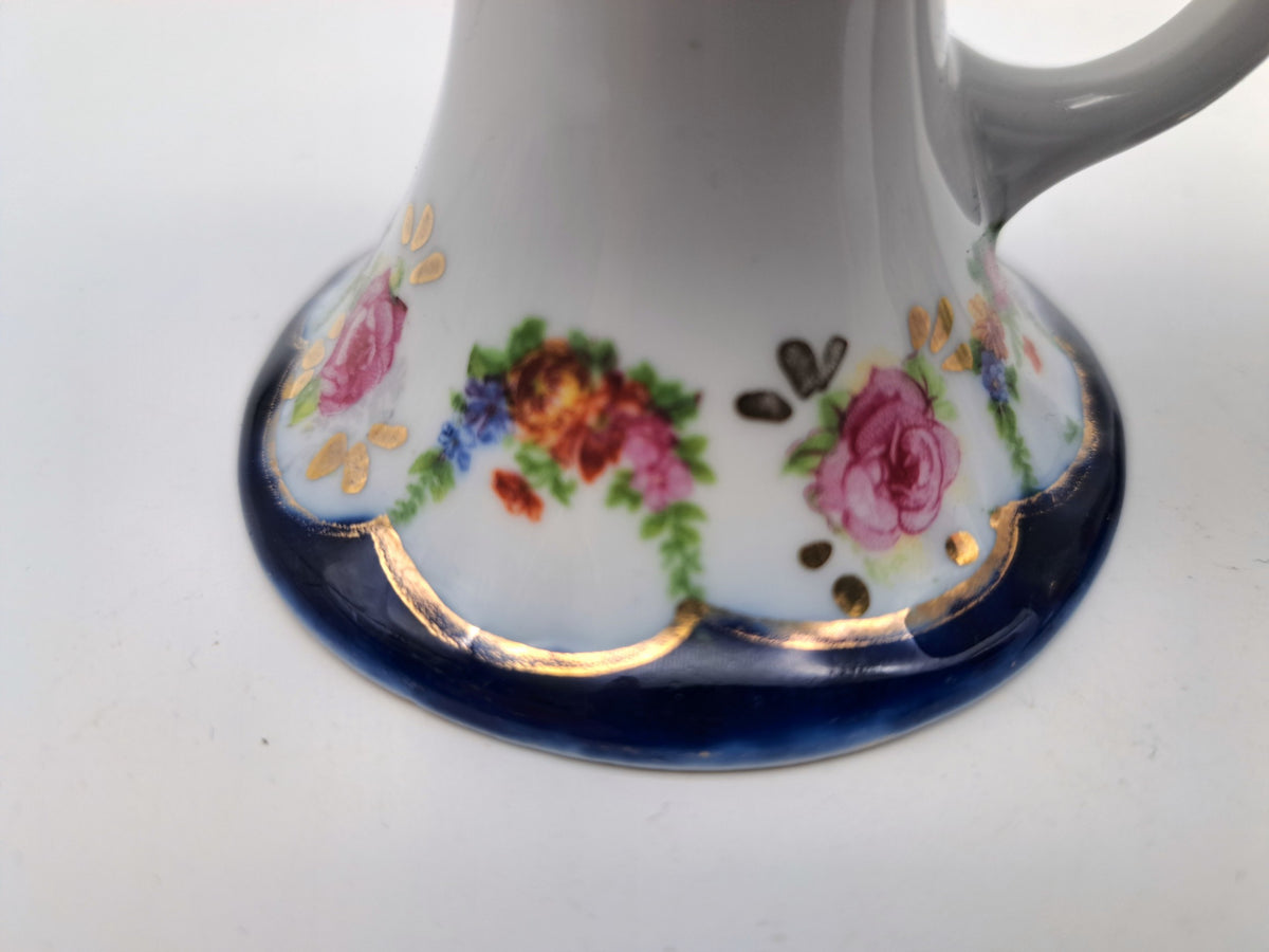 Pair of Vintage Miniature Floral Porcelain Chamberstick/ Candlestick Holders with Finger Loops