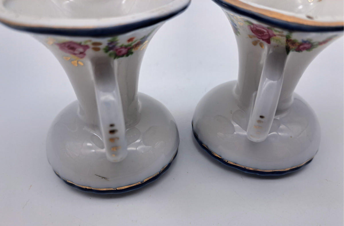 Pair of Vintage Miniature Floral Porcelain Chamberstick/ Candlestick Holders with Finger Loops