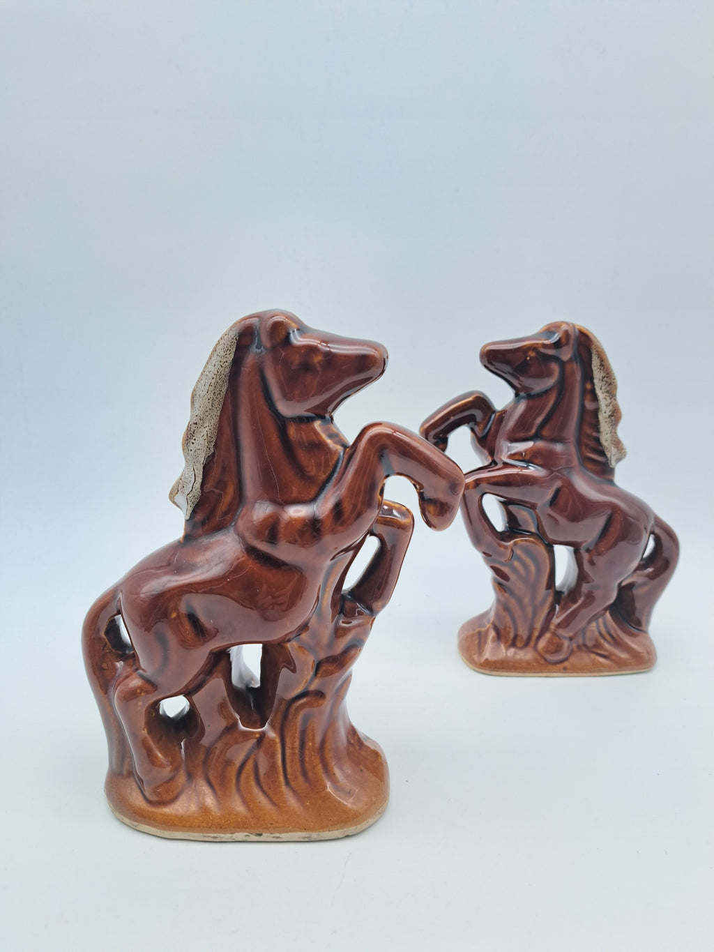 Vintage Pair of Rearing Horse Ceramic Statues – Mid-Century High-Gloss Brown Glazed Stallion Figurines