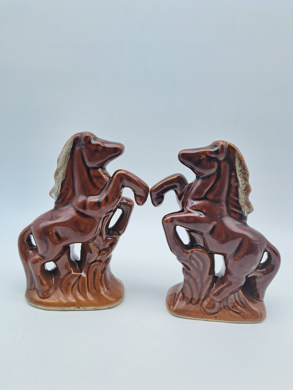 Vintage Pair of Rearing Horse Ceramic Statues – Mid-Century High-Gloss Brown Glazed Stallion Figurines