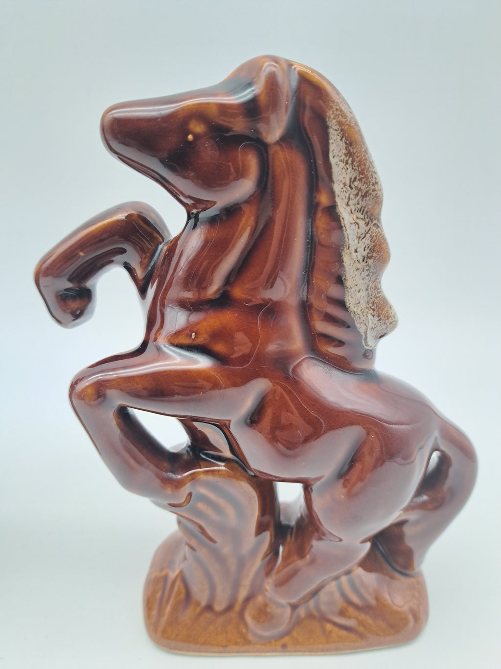 Vintage Pair of Rearing Horse Ceramic Statues – Mid-Century High-Gloss Brown Glazed Stallion Figurines
