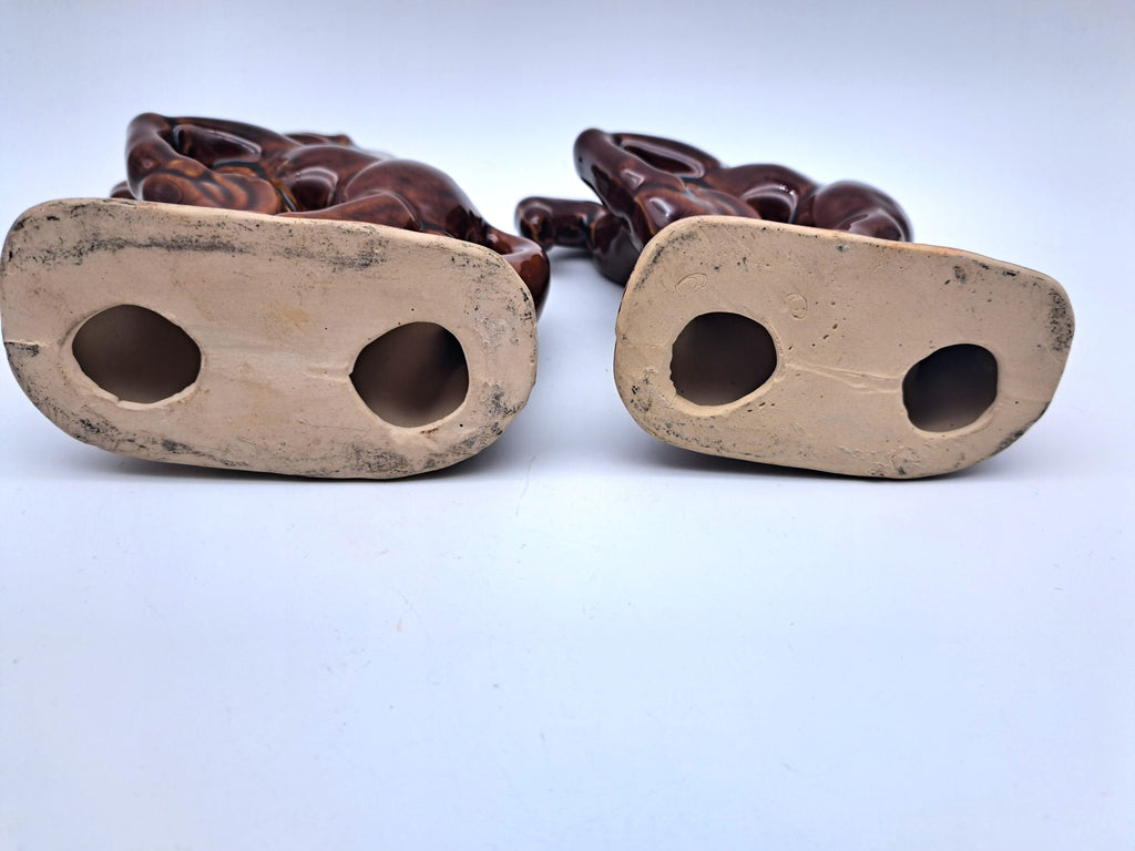 Vintage Pair of Rearing Horse Ceramic Statues – Mid-Century High-Gloss Brown Glazed Stallion Figurines