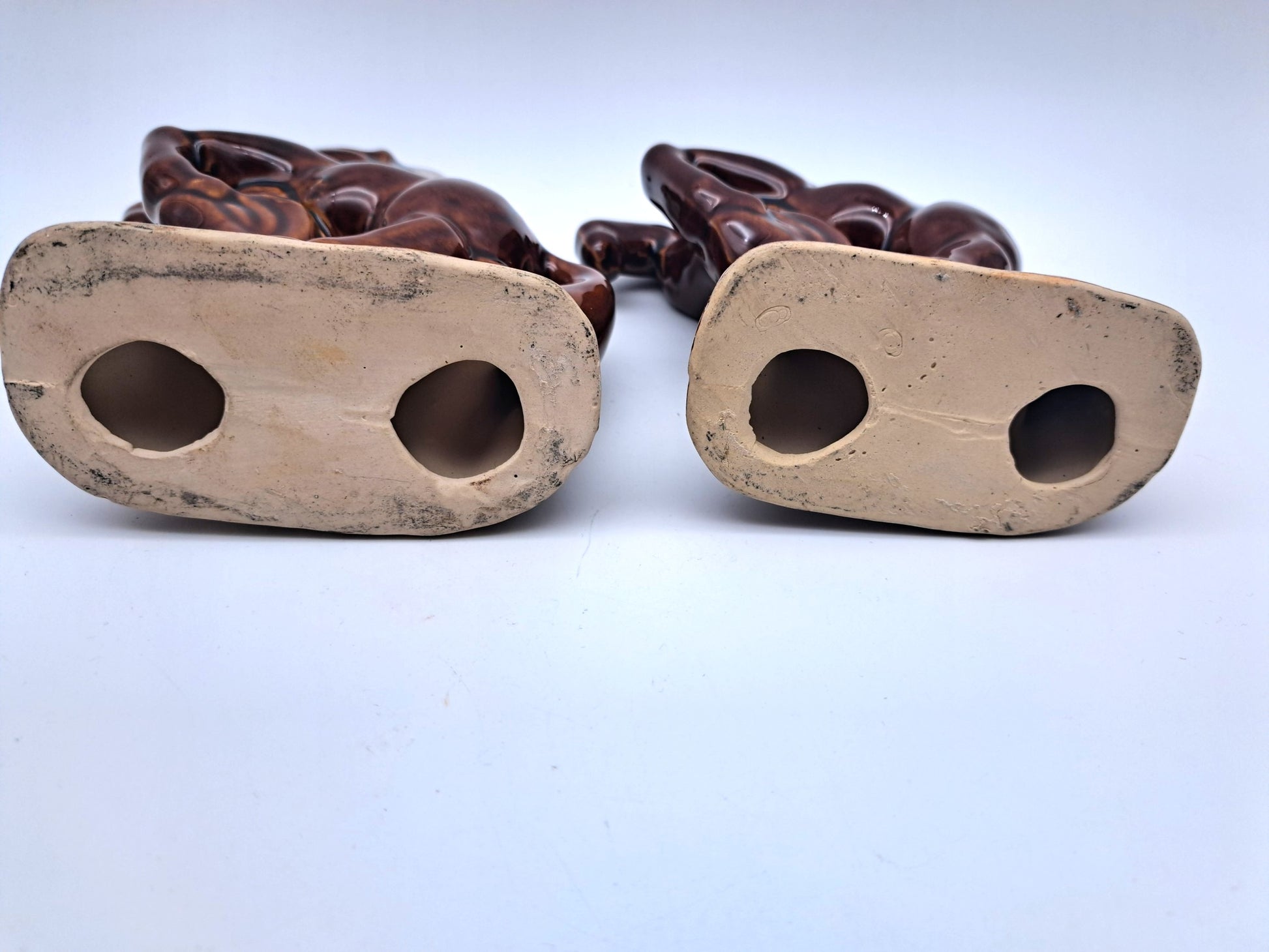 Vintage Pair of Rearing Horse Ceramic Statues – Mid-Century High-Gloss Brown Glazed Stallion Figurines