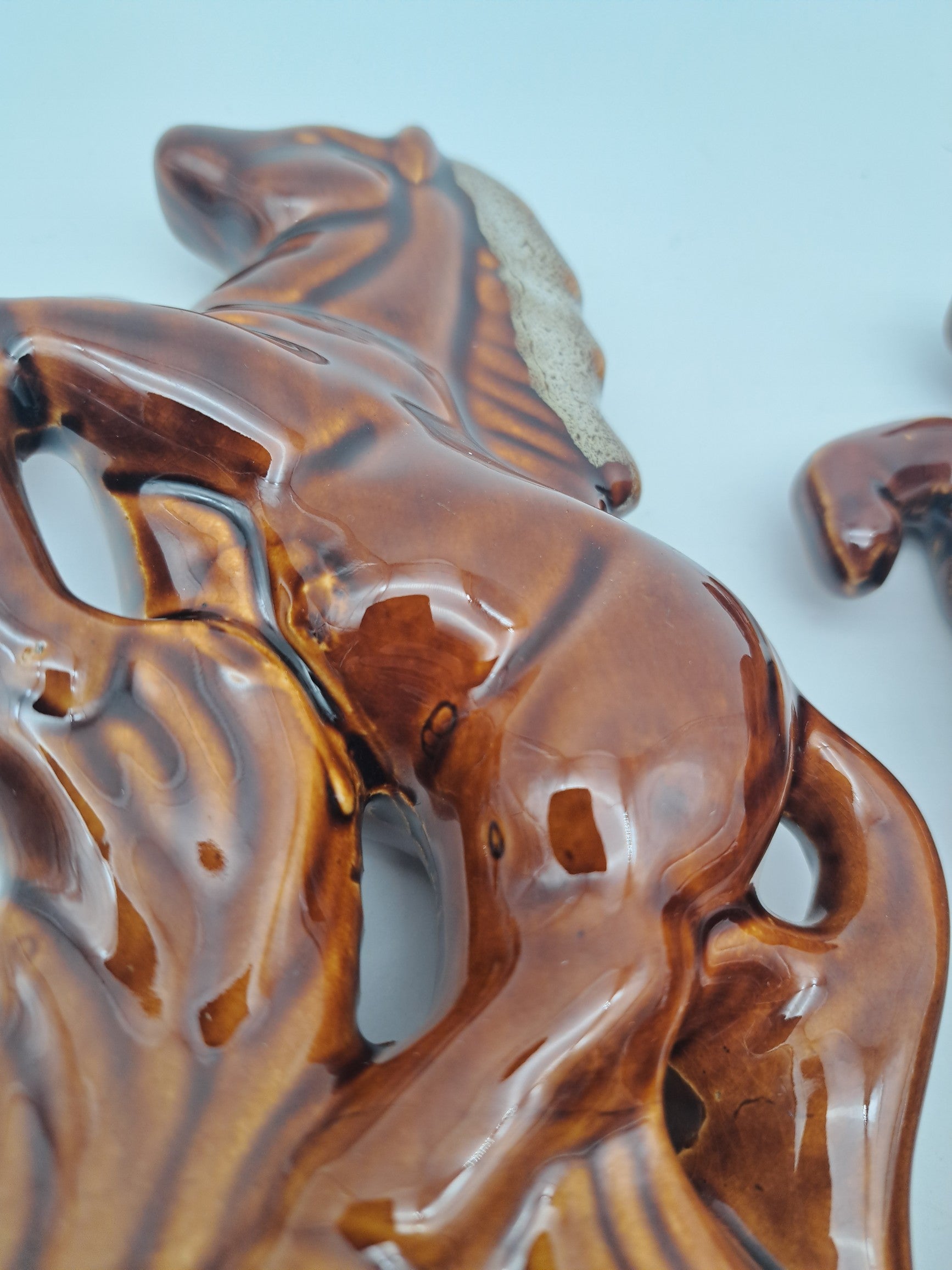 Vintage Pair of Rearing Horse Ceramic Statues – Mid-Century High-Gloss Brown Glazed Stallion Figurines