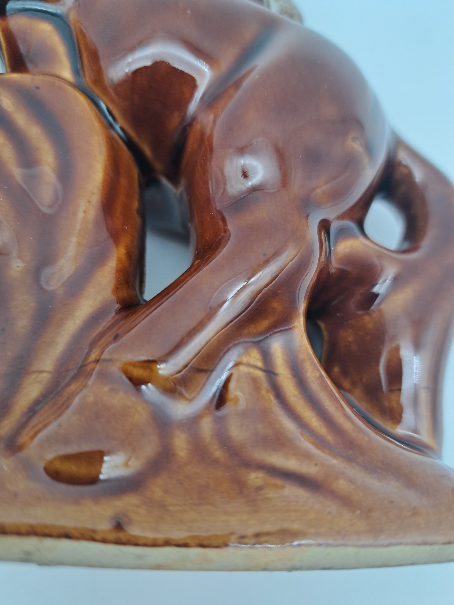 Vintage Pair of Rearing Horse Ceramic Statues – Mid-Century High-Gloss Brown Glazed Stallion Figurines