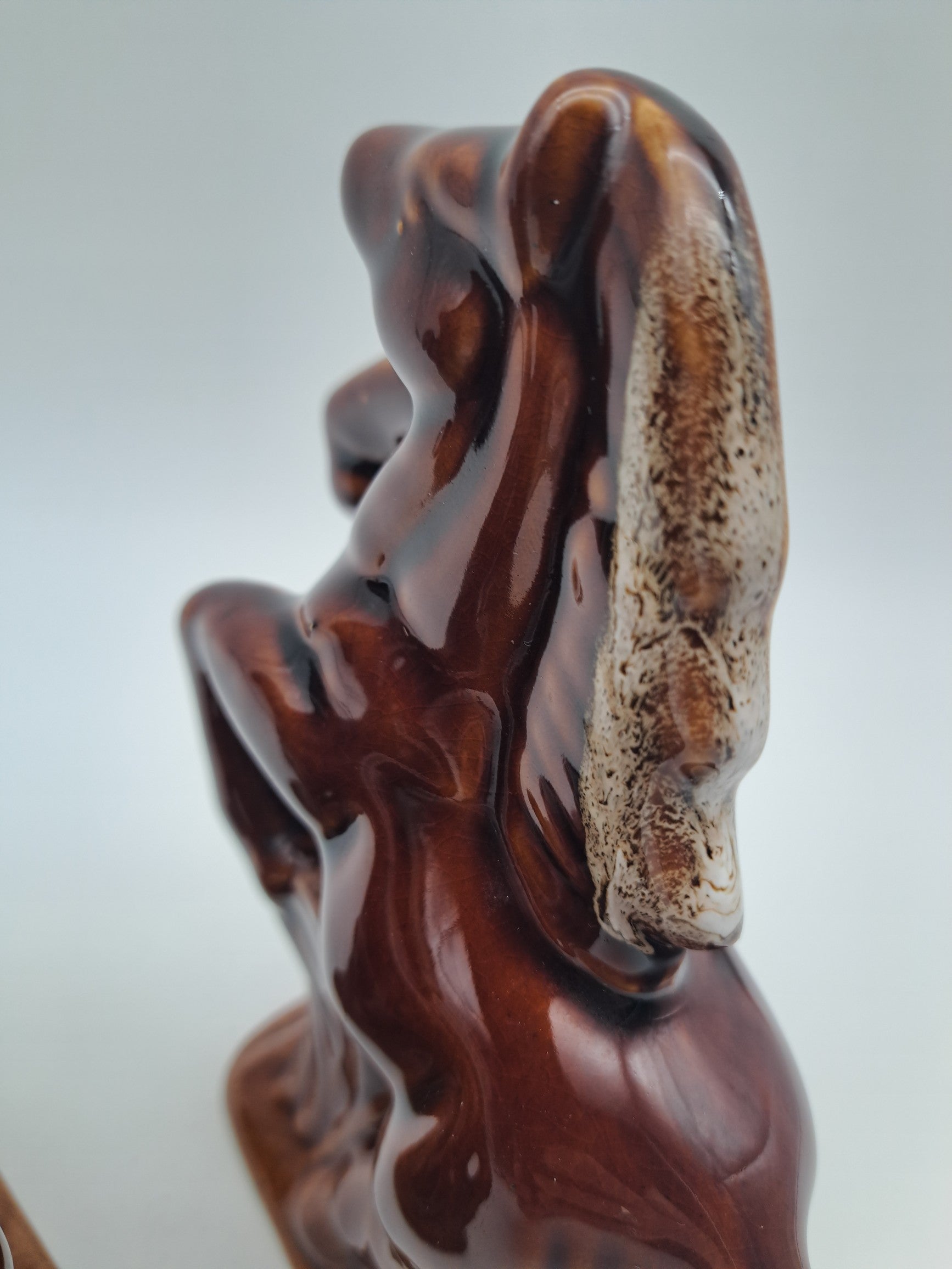 Vintage Pair of Rearing Horse Ceramic Statues – Mid-Century High-Gloss Brown Glazed Stallion Figurines