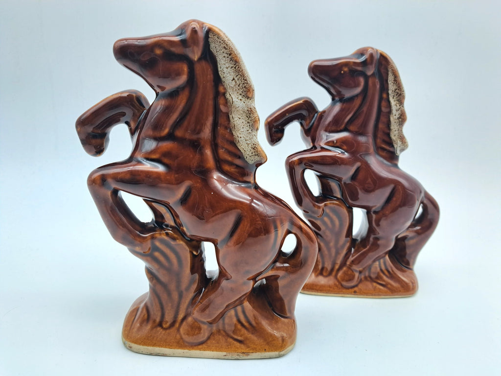 Vintage Pair of Rearing Horse Ceramic Statues – Mid-Century High-Gloss Brown Glazed Stallion Figurines