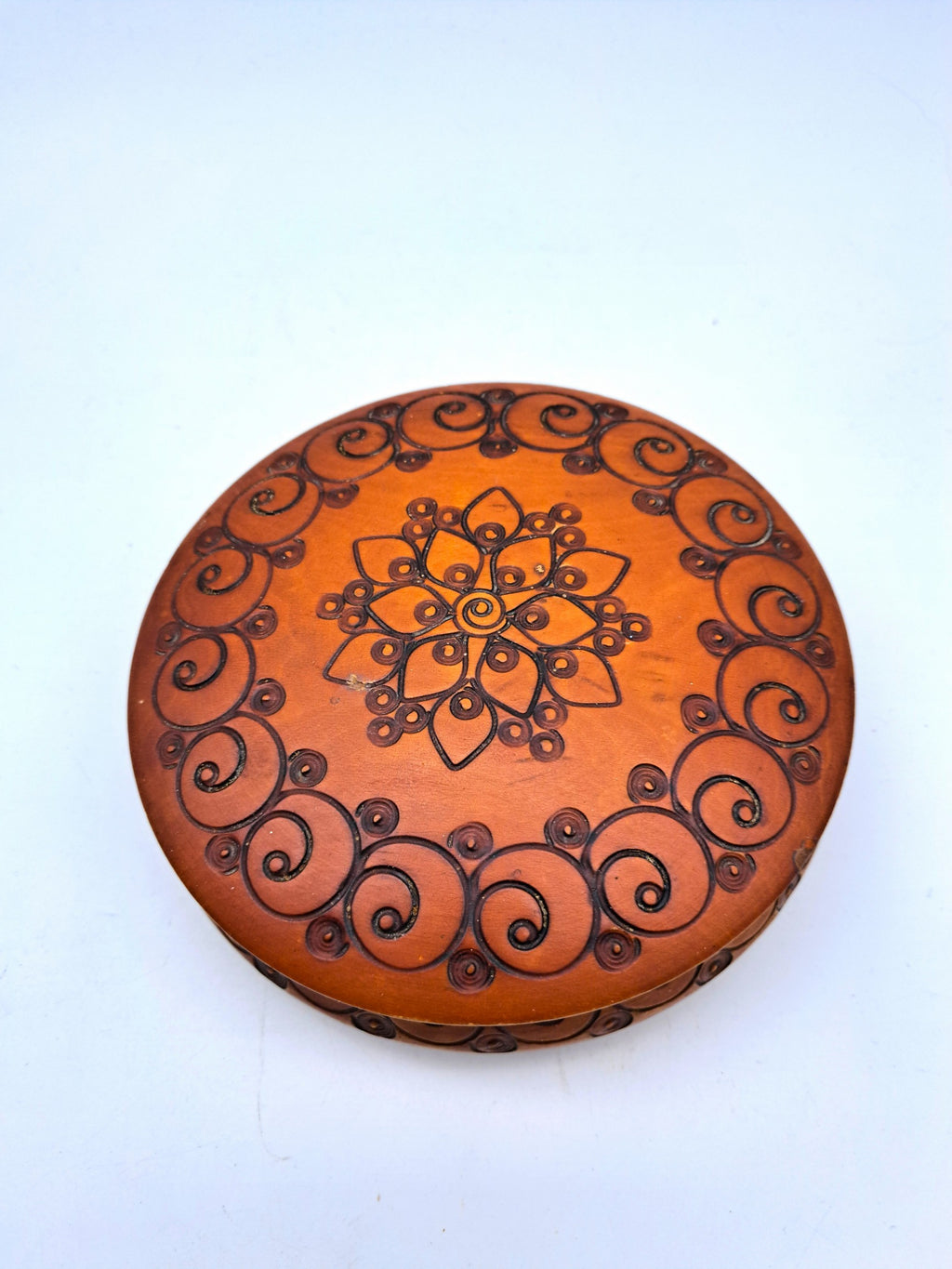 Vintage Polish Folk Art Round Wooden Trinket Box – Hand-Carved Pyrography Mandala Design
