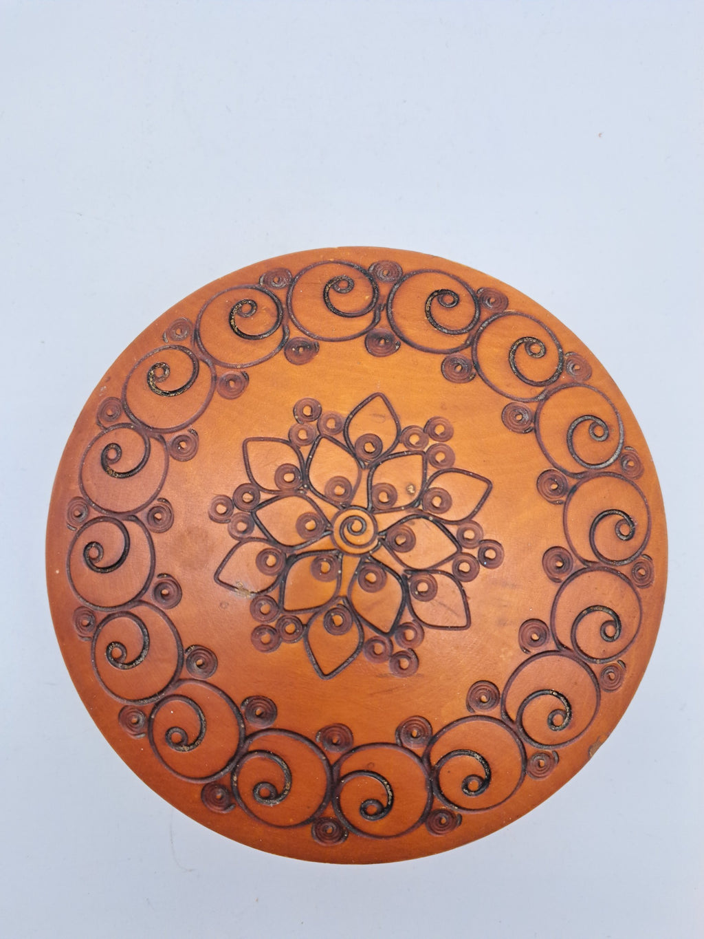 Vintage Polish Folk Art Round Wooden Trinket Box – Hand-Carved Pyrography Mandala Design