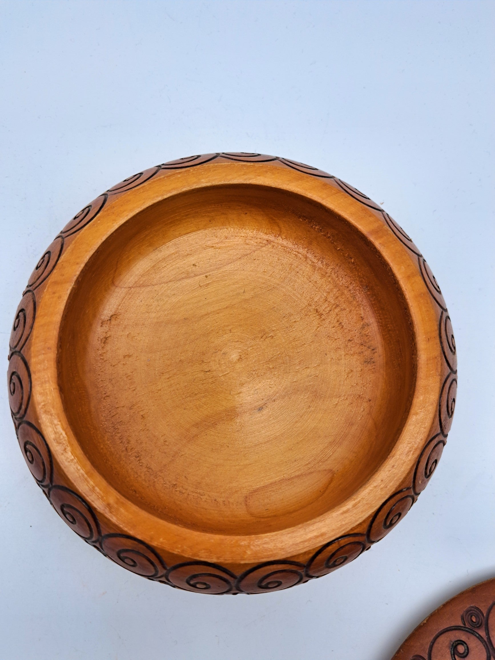 Vintage Polish Folk Art Round Wooden Trinket Box – Hand-Carved Pyrography Mandala Design