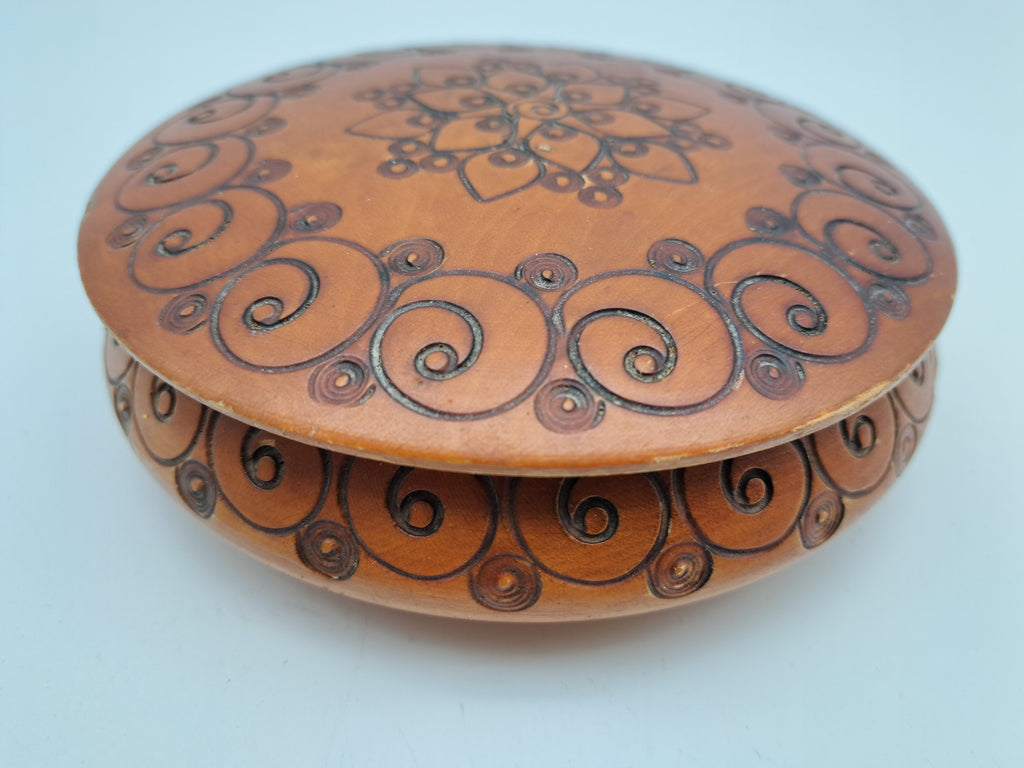 Vintage Polish Folk Art Round Wooden Trinket Box – Hand-Carved Pyrography Mandala Design