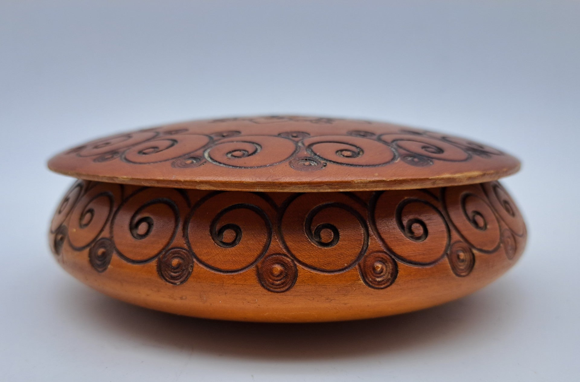 Vintage Polish Folk Art Round Wooden Trinket Box – Hand-Carved Pyrography Mandala Design