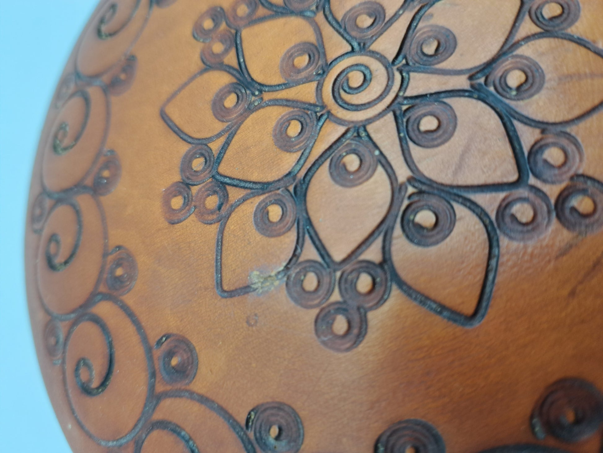 Vintage Polish Folk Art Round Wooden Trinket Box – Hand-Carved Pyrography Mandala Design