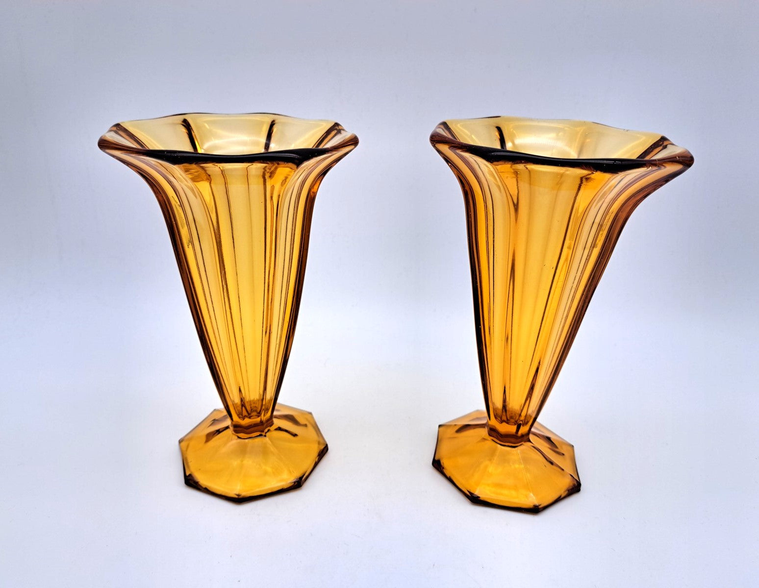 Pair of Vintage Art Deco Walther & Söhne Amber Glass Trumpet Vases