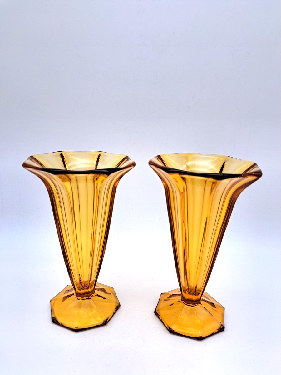 Pair of Vintage Art Deco Walther & Söhne Amber Glass Trumpet Vases
