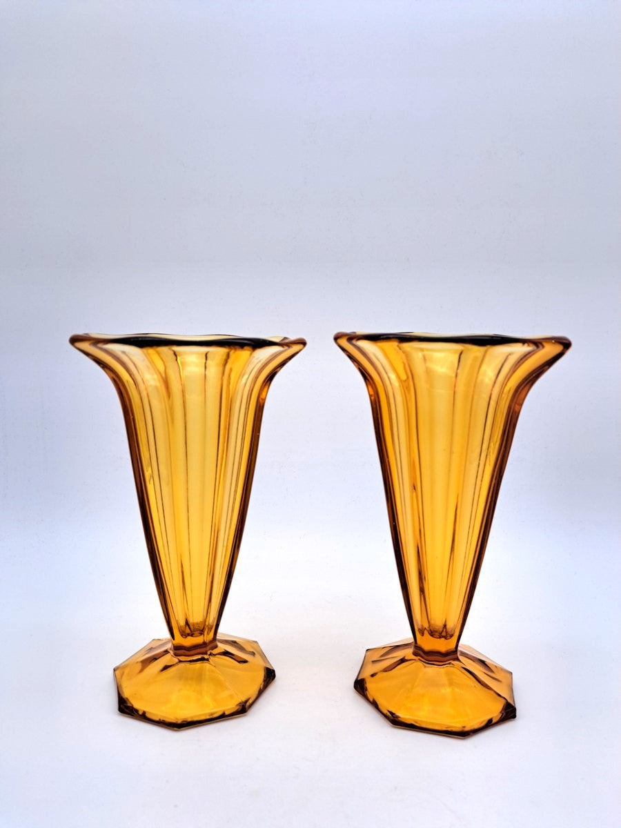 Pair of Vintage Art Deco Walther & Söhne Amber Glass Trumpet Vases