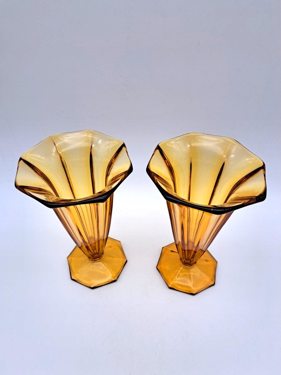 Pair of Vintage Art Deco Walther & Söhne Amber Glass Trumpet Vases