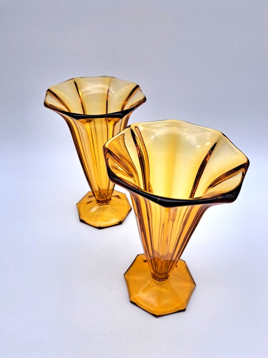 Pair of Vintage Art Deco Walther & Söhne Amber Glass Trumpet Vases