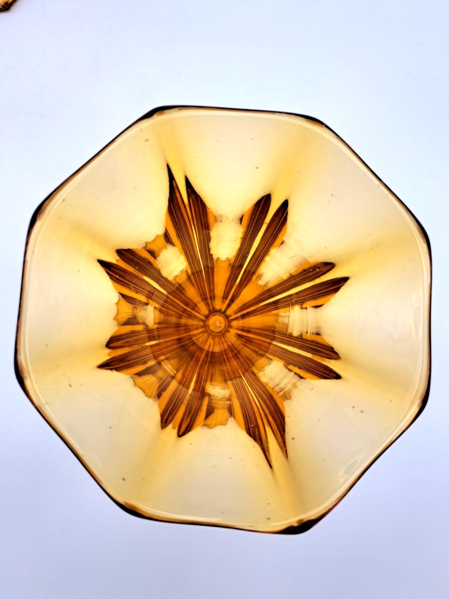 Pair of Vintage Art Deco Walther & Söhne Amber Glass Trumpet Vases