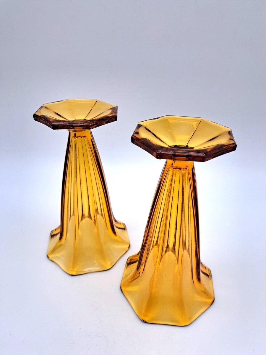 Pair of Vintage Art Deco Walther & Söhne Amber Glass Trumpet Vases
