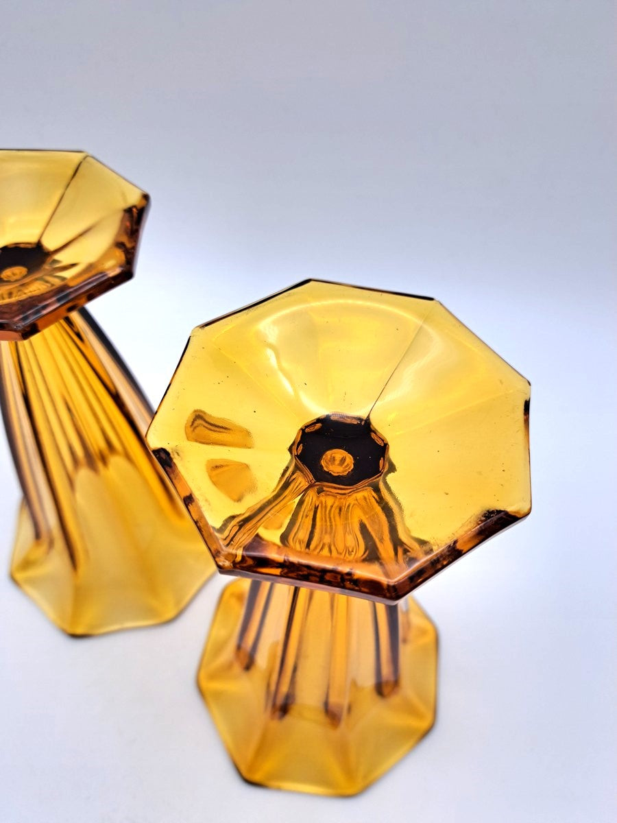 Pair of Vintage Art Deco Walther & Söhne Amber Glass Trumpet Vases