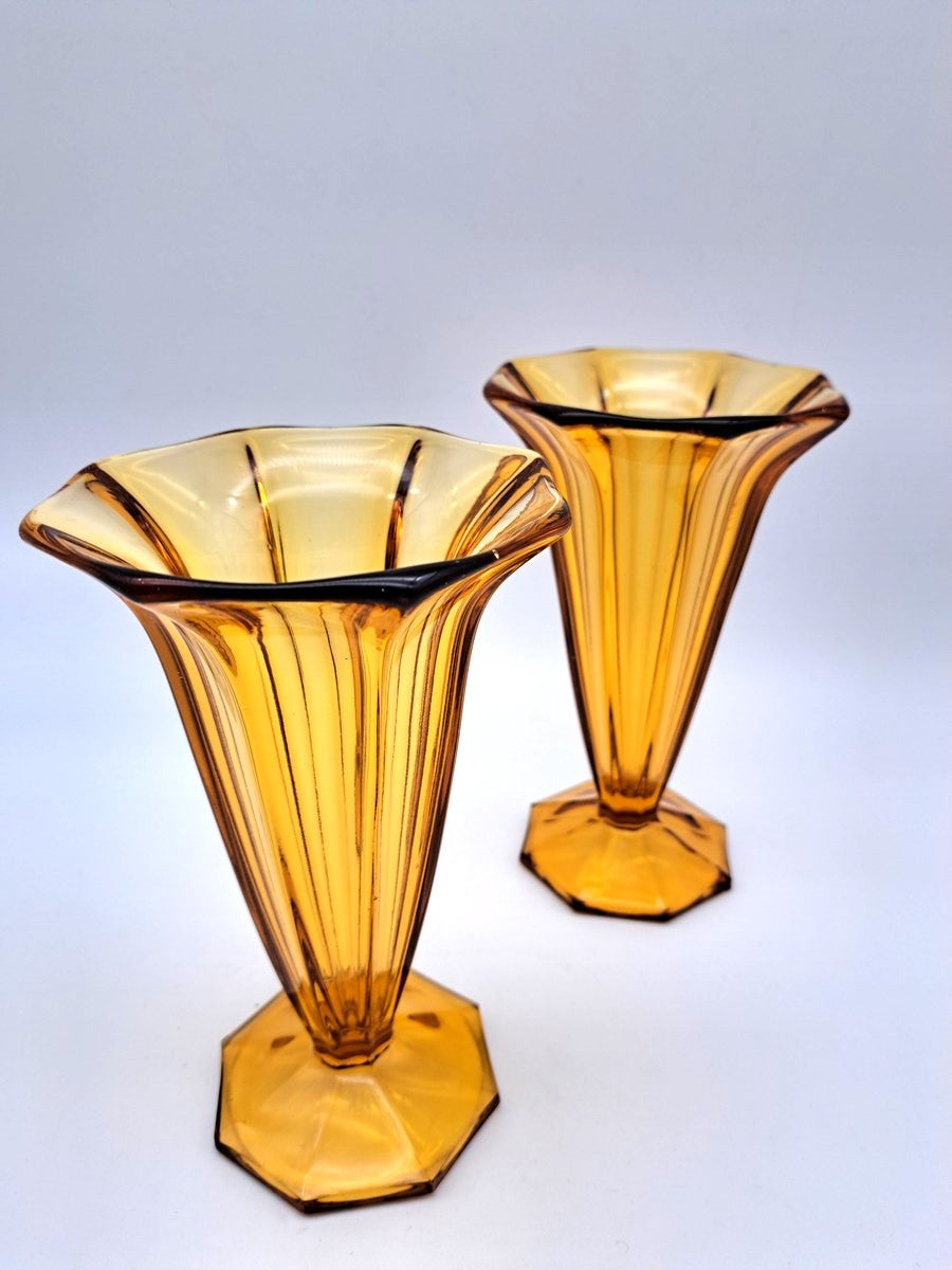 Pair of Vintage Art Deco Walther & Söhne Amber Glass Trumpet Vases