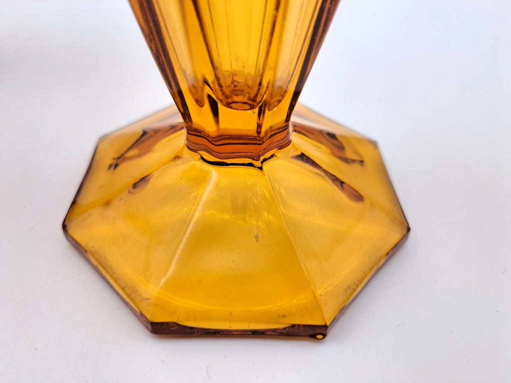 Pair of Vintage Art Deco Walther & Söhne Amber Glass Trumpet Vases