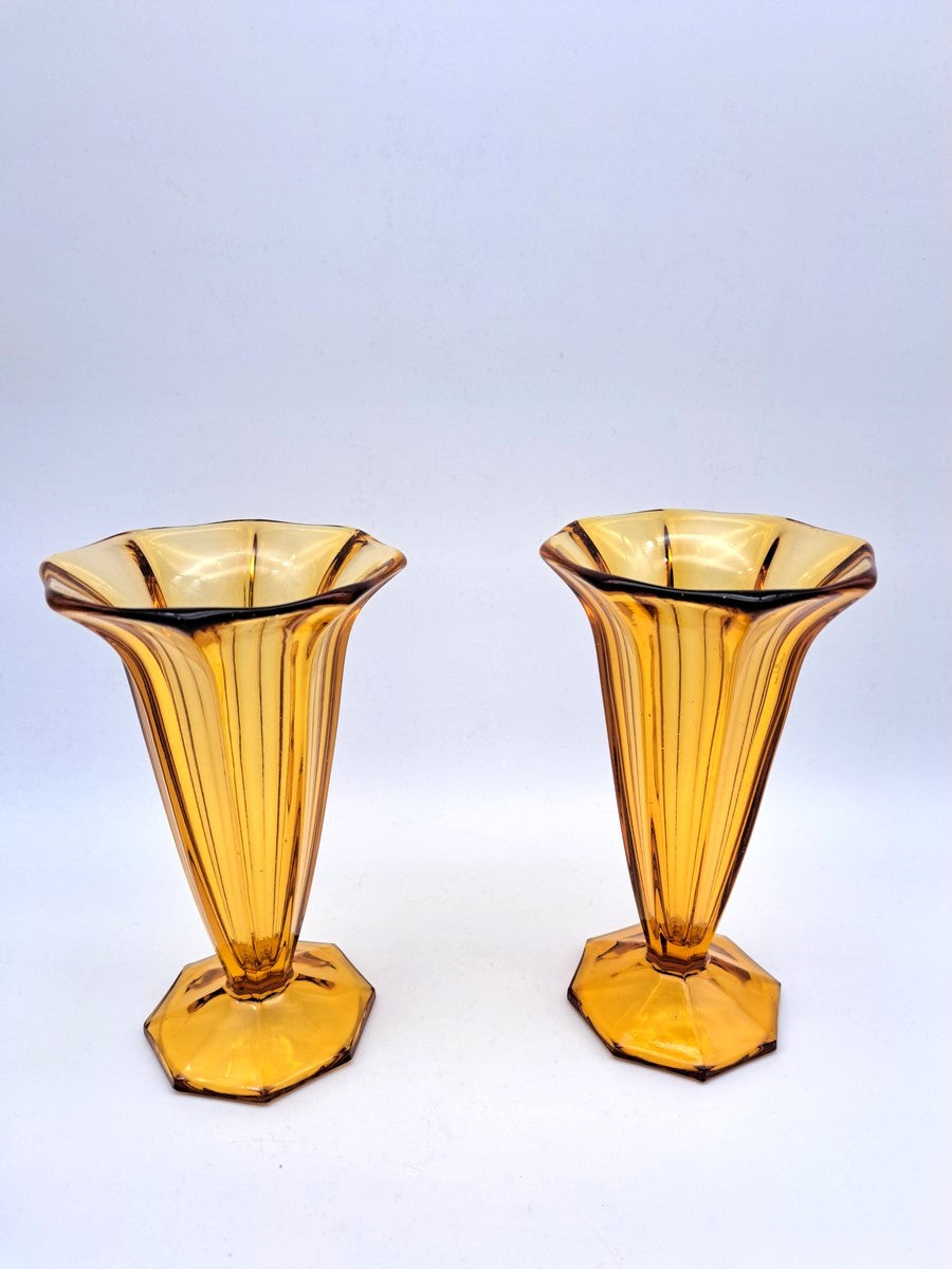 Pair of Vintage Art Deco Walther & Söhne Amber Glass Trumpet Vases