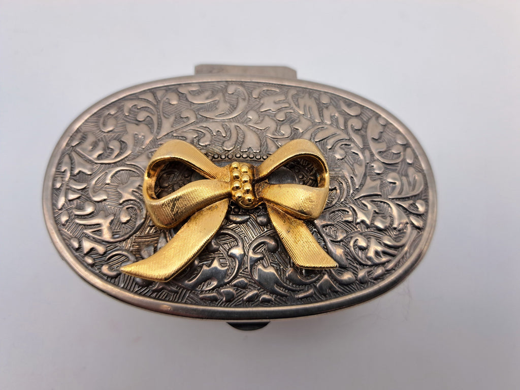 Vintage Silver Plated Oval Trinket Box with Gold Tone Bow Accent