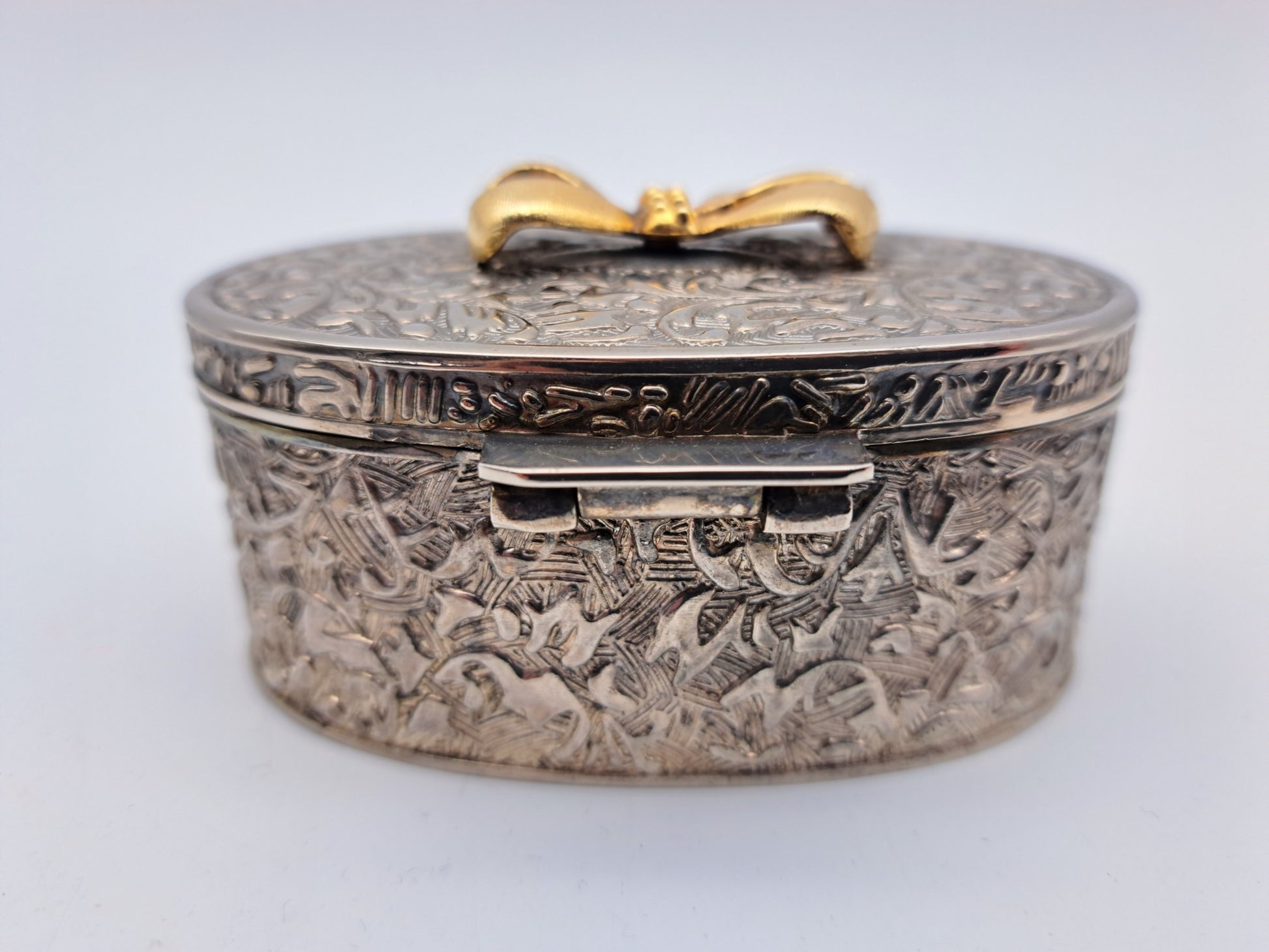 Vintage Silver Plated Oval Trinket Box with Gold Tone Bow Accent