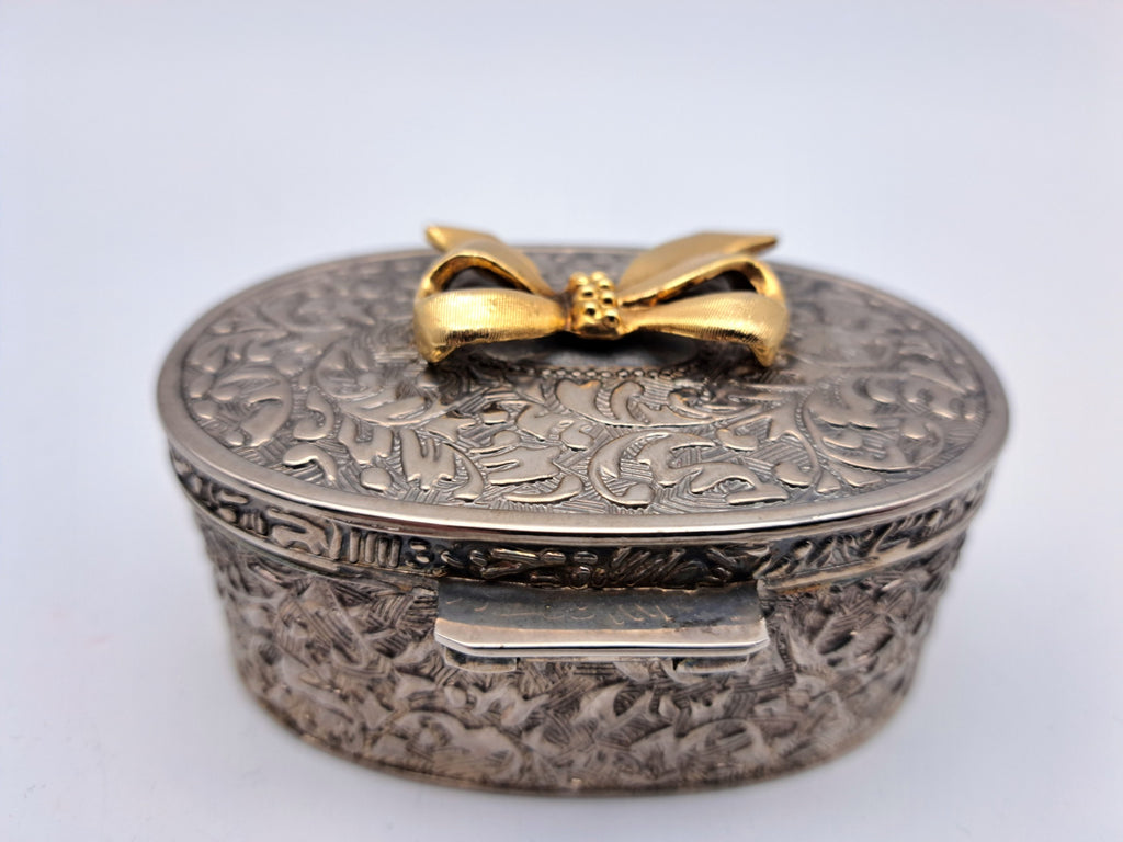 Vintage Silver Plated Oval Trinket Box with Gold Tone Bow Accent