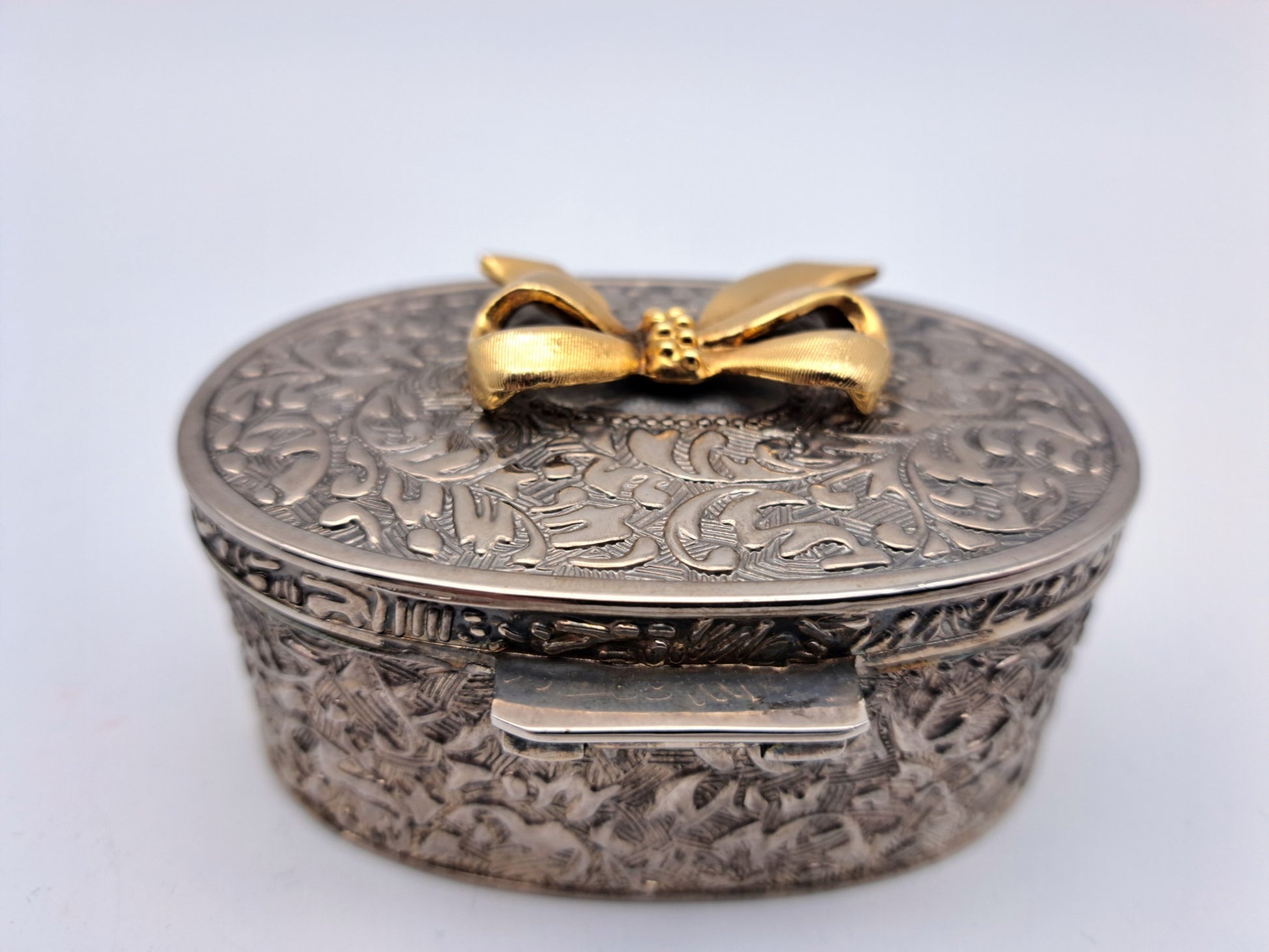 Vintage Silver Plated Oval Trinket Box with Gold Tone Bow Accent