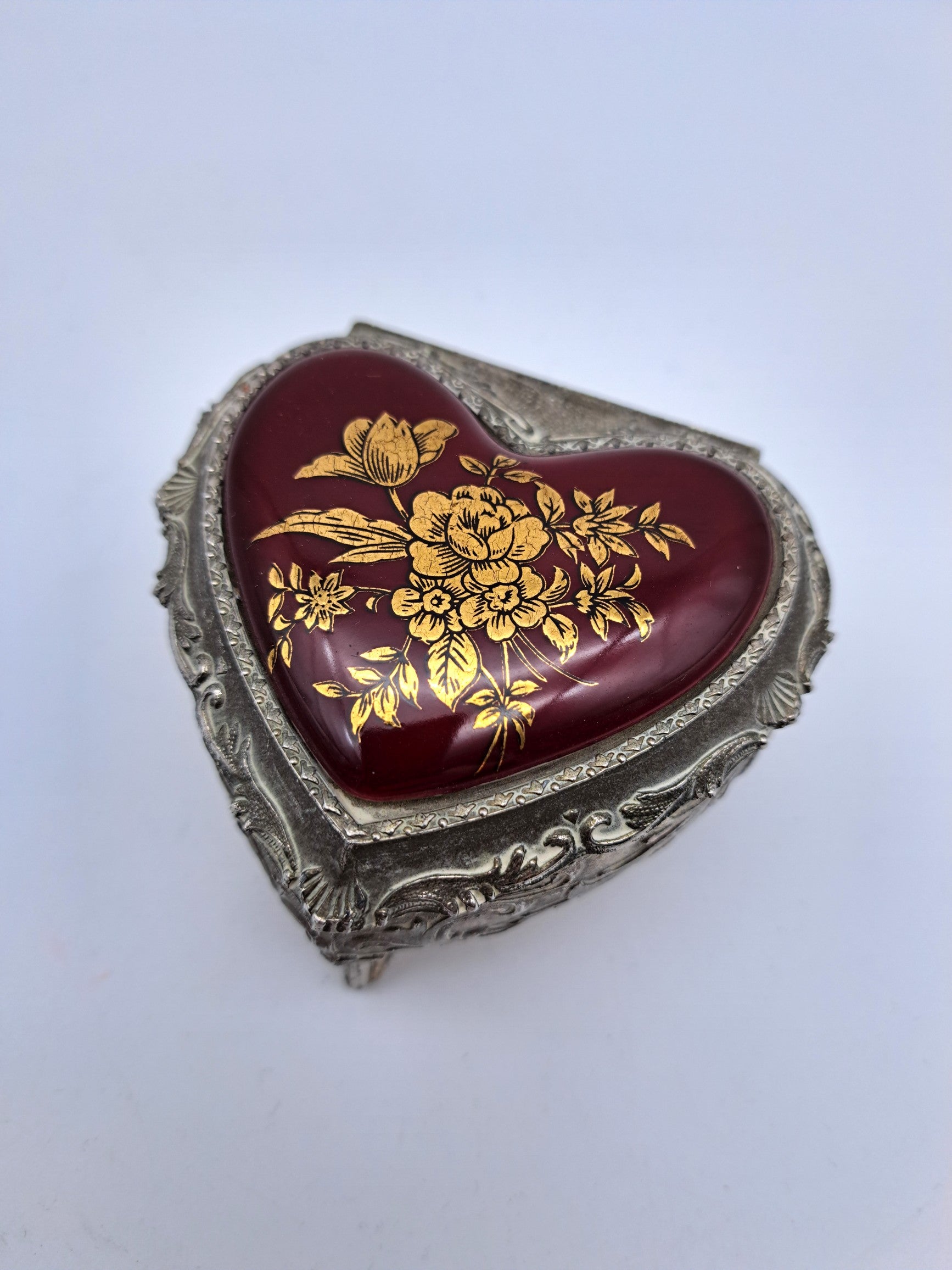 Vintage Japanese Heart-Shaped Trinket Box - Red Enamel & Gold Floral Detail