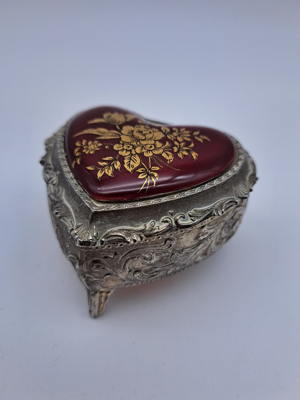 Vintage Japanese Heart-Shaped Trinket Box - Red Enamel & Gold Floral Detail